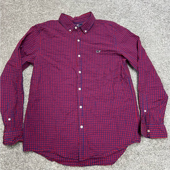 Vineyard Vines Other - Vineyard Vines Shirt Men Large Red Blue Gingham Slim Fit Whale Button Seersucker